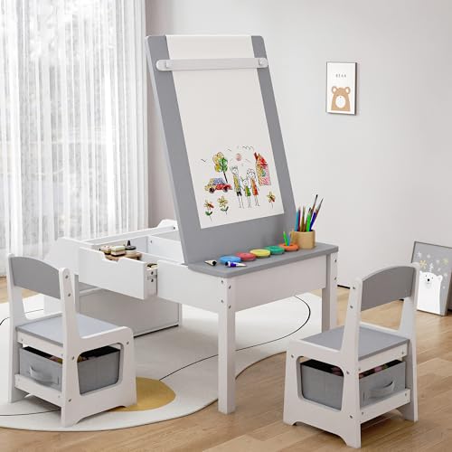Image of 5-in-1 Kids Art Table and Chairs, Toddler Table and Chair Set, Craft Play Desk for Kids, Convertible Art Easel with Paper Roll Holder & Storage Drawers, Children Activity Learning Center-Gray