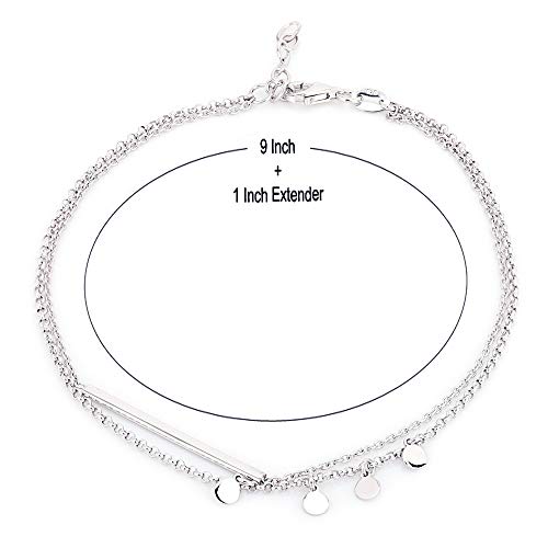 Sterling Silver Jewelry - Rhodium Plated with 925 Stamp - Double Layered Chain Circle & Bar Charms Anklet - Elegant handcrafted Stylish Designed for Women- 9" long + 1" extender4