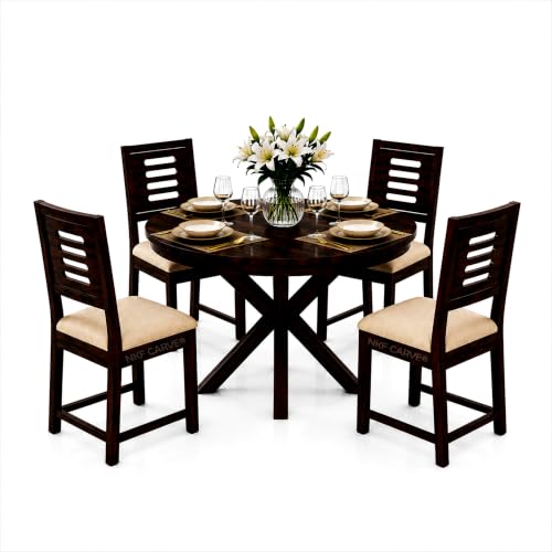 Image of Wooden 4 Seater Dining Set | Solid Sheesham Wood Round Dining Table with Slat Backrest Pattern Cushioned Chairs | Modern & Trending Design for Home & Dining Room | Walnut Finish