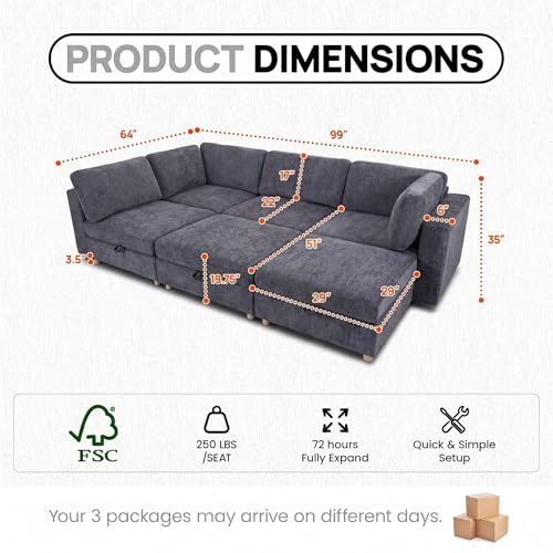 Image of 99 inch Modular Sectional Sleeper Sofa, 6 Seaters Chenille Modular Sectional Sofas, Sleeper Sofa Bed with Storage & Ottoman, Sleeper Couch with Removable Covers, Grey Sectional Couches for Living Room