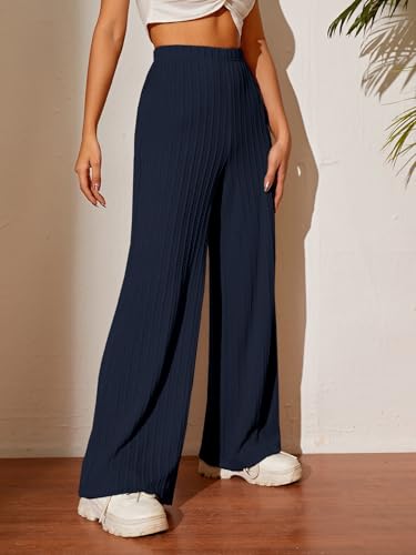 Image of TOPLOT Ribbed Knit Trousers for Woman | High Waist Wide Leg Palazzo Pants with Elastic Waist | Straight Relaxed Fit Casual, Office, Travel & Lounge Wear (5252)