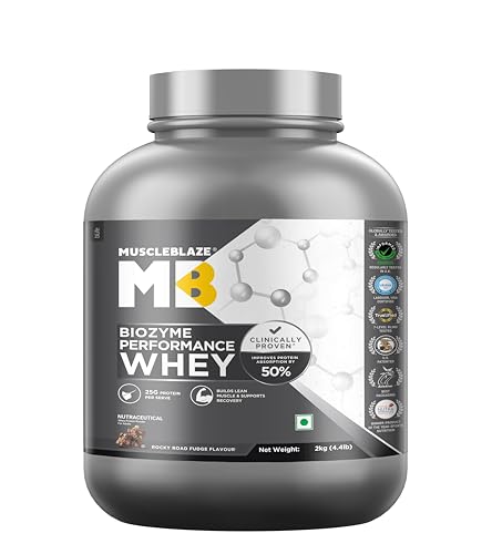 Image of MuscleBlaze Biozyme Performance Whey Protein Powder | Rocky Road Fudge (2kg / 4.4lbs) | 25g Protein Per Scoop | Clinically Tested 50% Higher Protein Absorption