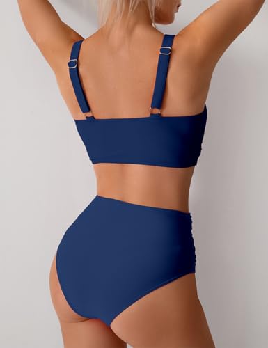 Tainehs Women's Two Piece Bikini Sets Cross Front V Neck High Waisted Tummy Control Bathing Suit Deep Blue3