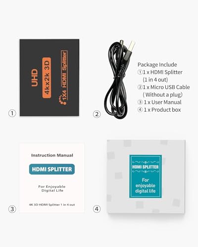 Image of Hdmi Splitter 1x4, HDMI Splitter 1 in 4 out, HDMI Splitter Supports Full HD1080P 4K and 3D, Compatible with Xbox PS3 /4 Roku Blu-Ray Player HDTV (1 X 4 HDMI SPLITTER)