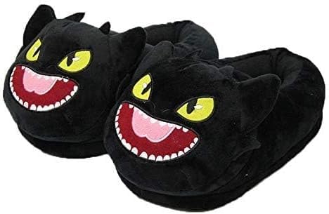 Plush Animal House Slippers, Black Dragon Design, Indoor Winter Warm Footwear, Unisex Size 8.53