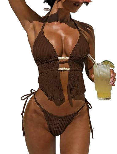 Image of ZAFUL Halter Swimsuits for Women Textured Backless 2 Piece Bathing Suits Cheeky High Cut String Tie Side Bikini Sets