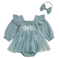 MAHUAOYIXI Newborn Baby Girls First Birthday Outfits Letter Floral Embroidery Romper Dress Long Sleeve Jumpsuits with Bowknot Headband Toddler Infant Girls Clothes (Green, 12-18 Months)