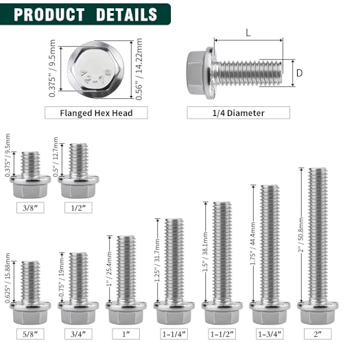 Image of 1 /4-20 x 1-1 /2 inch Flanged Hex Head Bolts Screws, 304 Stainless Steel 18-8, Full Thread, Coarse Thread, 20 PCS
