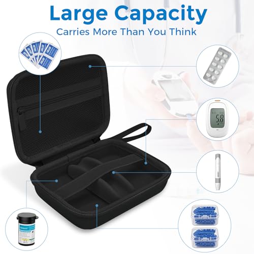 Diabetic Supplies Travel Case, Carrying Case Organizer for Diabetes Testing Kit, Blood Glucose Monitor Kit with Meter, Blood Sugar Test Strips, Lancets, Lancing Device(Case Only) (Black Interior) - Thumbnail 2
