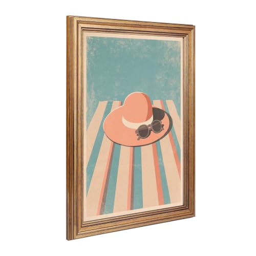Golden Framed Raised Beach Hat And Sunglasses on Stripe Towel Poster Retro Summer Canvas Wall Art Coastal Relax Prints Painting For Move To New House Home Bedroom Dorm wall Decor 16x20in Golden Framed Raised - Image 2