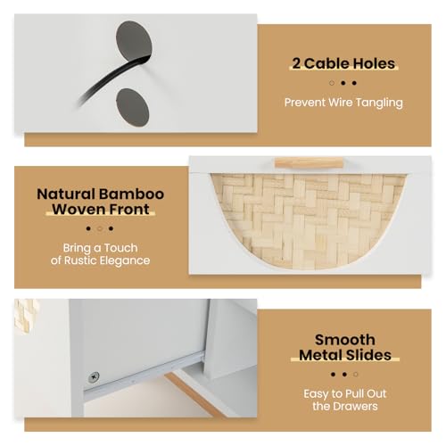 Tangkula White TV Stand for 55 Inch TVs, Mid Century Modern Entertainment Center with 2 Drawers & Bamboo Woven Fronts, Solid Wood Legs, Boho TV Console Table for Living Room (White, 47.5&rdquo;, for 55"TV)