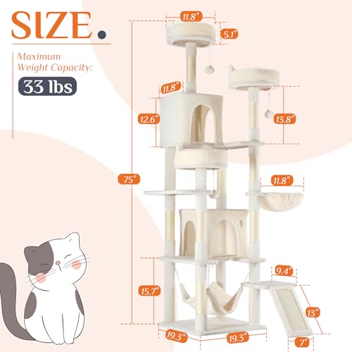Image of Sweetcrispy Cat Tree 75 Inch, Large Multi-Level Tall Cat Tree Tower with Condo, Perches, Sisal Scratching Posts Board and Hammock, Pet Play House with Dangling Balls for Indoor Cats, Beige