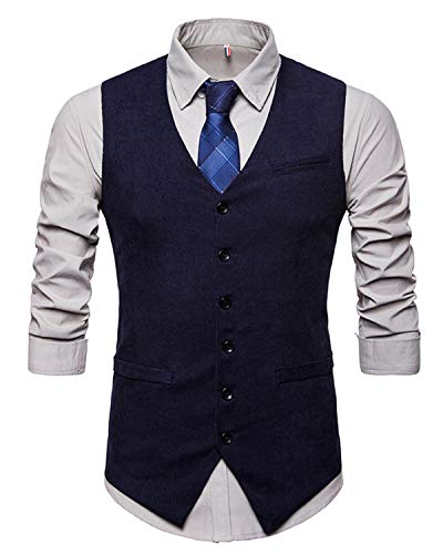JOLIME Homme Gilet Costume Veste sans Manches Col en V Mode Vintage Velours Côtelé Bleu Marin M Cover