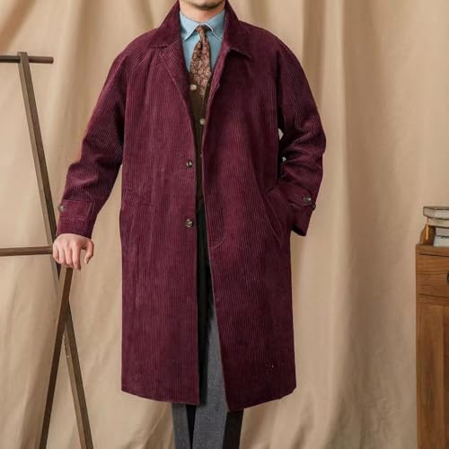 Men's Corduroy Trench Coat Notched Lapel Windbreaker Man's Casual Long Jacket Overcoat Pea Coat3
