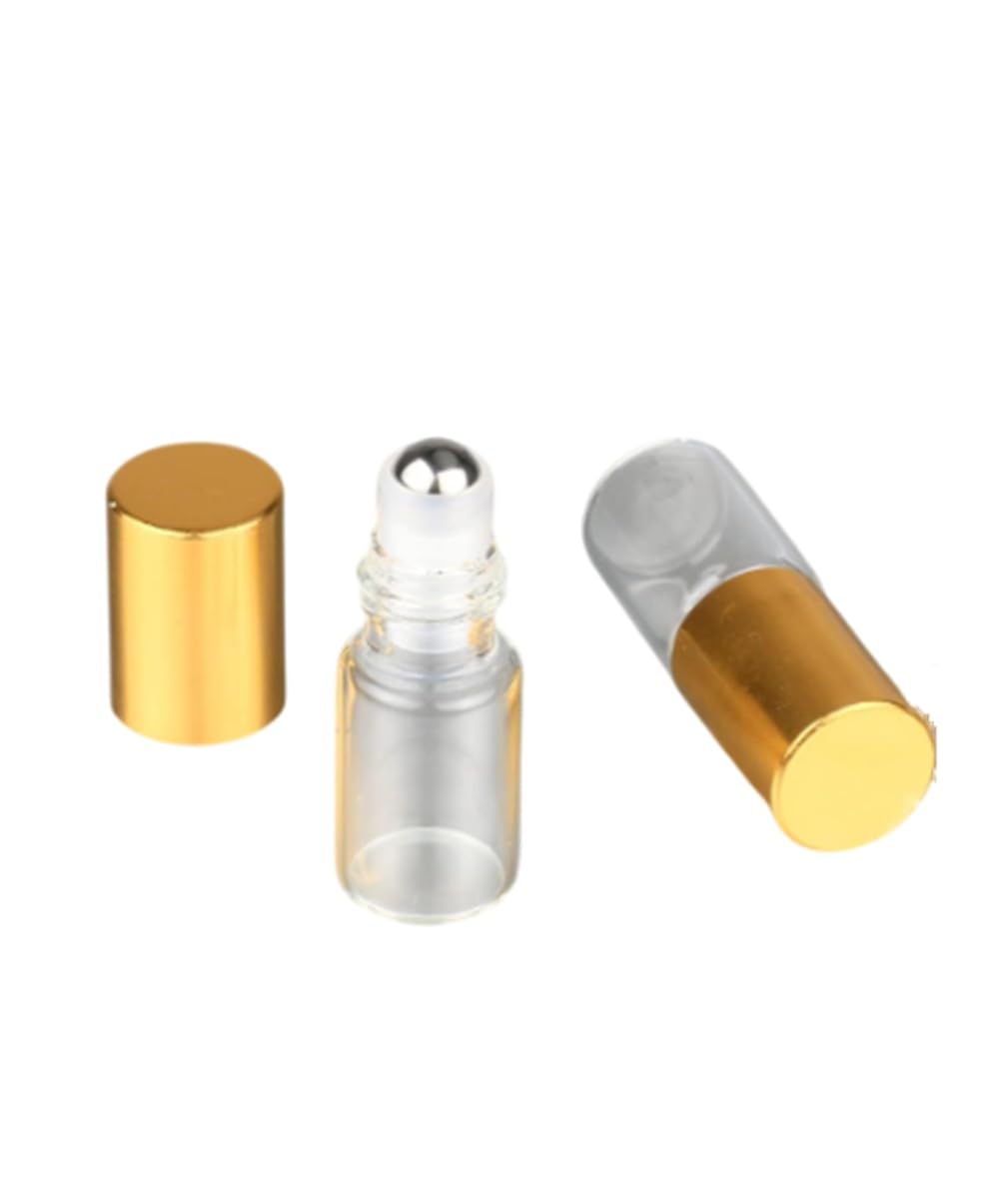 CMJ™ 2 x 3ml Clear Metal Roller Ball Glass Bottles with GOLD Lid Roll On Essential Oils UK Seller