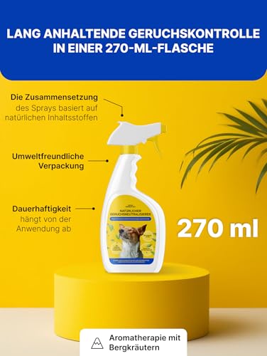 Japan Premium Natürlich Geruchsneutralisierer | Hundeurin Geruchsentferner mit Yomogi & Catechin | Besser als herkömmlich Enzymreiniger | 270 ml mit Bergkräuter Frischeduf