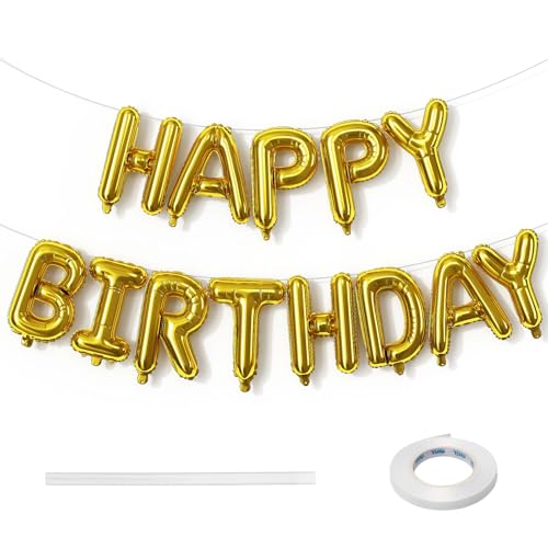 Lingqiang Happy Birthday Banner Balloon, 16 Inch Gold Self Inflating Letter Foil Balloons for Women Men Girls Boys Party Decor Supplies