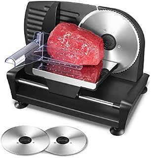 Meat Slicer, 200W Electric Slicers Machine for Home Use FOHERE, with 2 Removable Stainless Steel Blade(Smooth/Serrated) and Food Pusher, Safety Switch, 0-15mm Thickness Adjustment, for Cheese, Bread