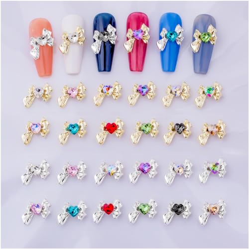SHANRUN 24 Pcs 5D Alloy Bow Charms and Gems - Heart Gems Nail Art Supplies Silver Gold Rhinestones for Acrylic Press on Nails DIY Design Cute Kawaii Crystal Y2K Fake Accessories