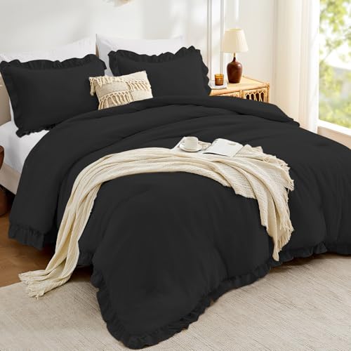 Image of FUANNA King Size Comforter Set Black, 3 Pieces Ruffle King Bedding Set, Fluffy Farmhouse Bed in a Bag King with 1 Lightweight Comforter & 2 Pillowshams