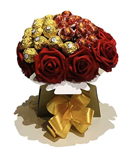 Gift Hamper Lind Ferraro Rocher Bouquet box roses flowers red pink White blue purple men Women Girlfriend boyfriend Premium Dairy (Small)