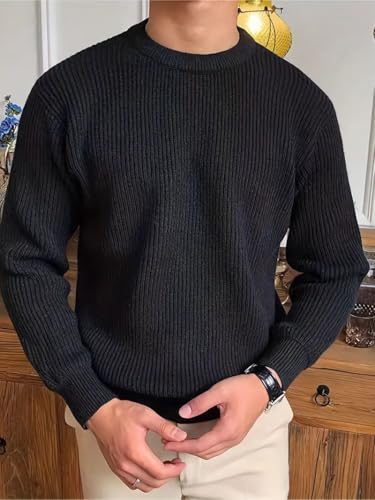 Men's Spring & Fall Solid Textured Round Neck Sweater, Casual Comfort Regular Fit Drop Shoulder Long Sleeve Pullover Knitwear2