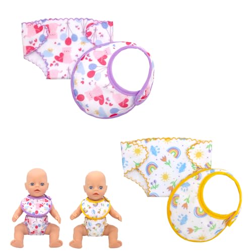 Neuytiky 4 peças acessórios para bonecas, conjunto de babetes e fraldas para bonecas, fraldas autocolantes, conjunto de alimentação para bonecas, fraldas para bonecas