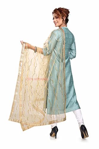 Image of ZEN APPAREL Women's Embroidered Net Dupatta with Lace Borders (Z-101) Premium Net Fabric Golden Aari Work