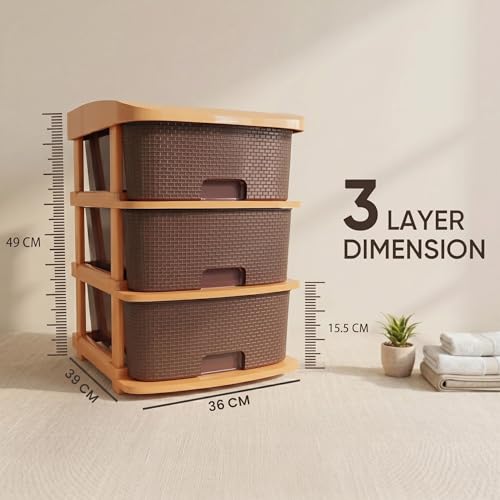 Image of Jefa Plastic Modular Drawer Storage Organizer | Multipurpose Storage Chest with Anti-Slip Design | Large Capacity Drawer Rack for Clothes, Shoes, Office & Home Use (Brown, 3)