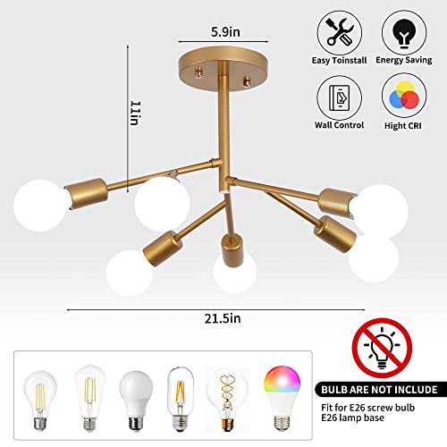 Modern Sputnik Tree Branch Chandelier, 6-Lights Gold Metal Semi Flush Mount Ceiling Light Fixtures, Mid Century Pendant Lamp For Bedroom Dining Room Living Room Kitchen Hallway Entryway Office #TOP2