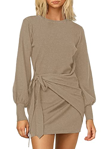 Selowin Women's Casual Knitted Mini Dresses Crewneck Long Sleeve Ruched Tie Waist Elegant Party Slim Sweater Dress Khaki L