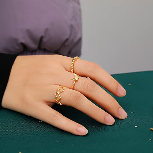 12Pcs 14K Gold Plated Adjustable Rings Knuckle Rings For Women Heart Hug Butterfly Love Flower Open Rings Stackable Thumb Ring Silver Rings Set For Teen Girls #TOP2