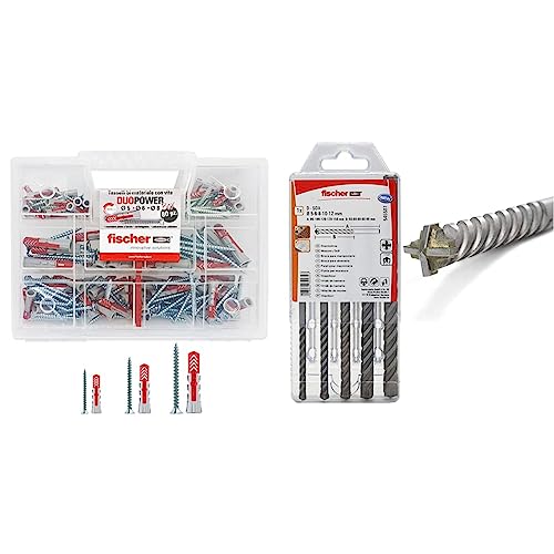 Fischer 544546 Duopower Universal Dowels Kit with Screw, ‎Transparent & 545507 Bohrer D-SDX Sizes, 5-12 mm, 4-Cutting Head, Practical Set, 5 Masonry Drill Bits, Grey, 5-12mm