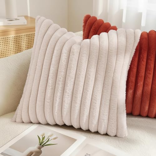 Image of decorUhome Fall Cozy Faux Fur Throw Pillow Covers 20x20 Set of 2 Decorative Soft Plush Striped Modern Farmhouse Boho Couch Pillow Cases with Velvet Back for Sofa Bed Living Room, Beige