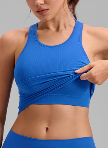 Image of CRZ YOGA Seamless Rib Racerback Crop Tank | Light Support, Removable Pads, Yoga, Ribbed, Racerback, Longline Sports Bras for Women