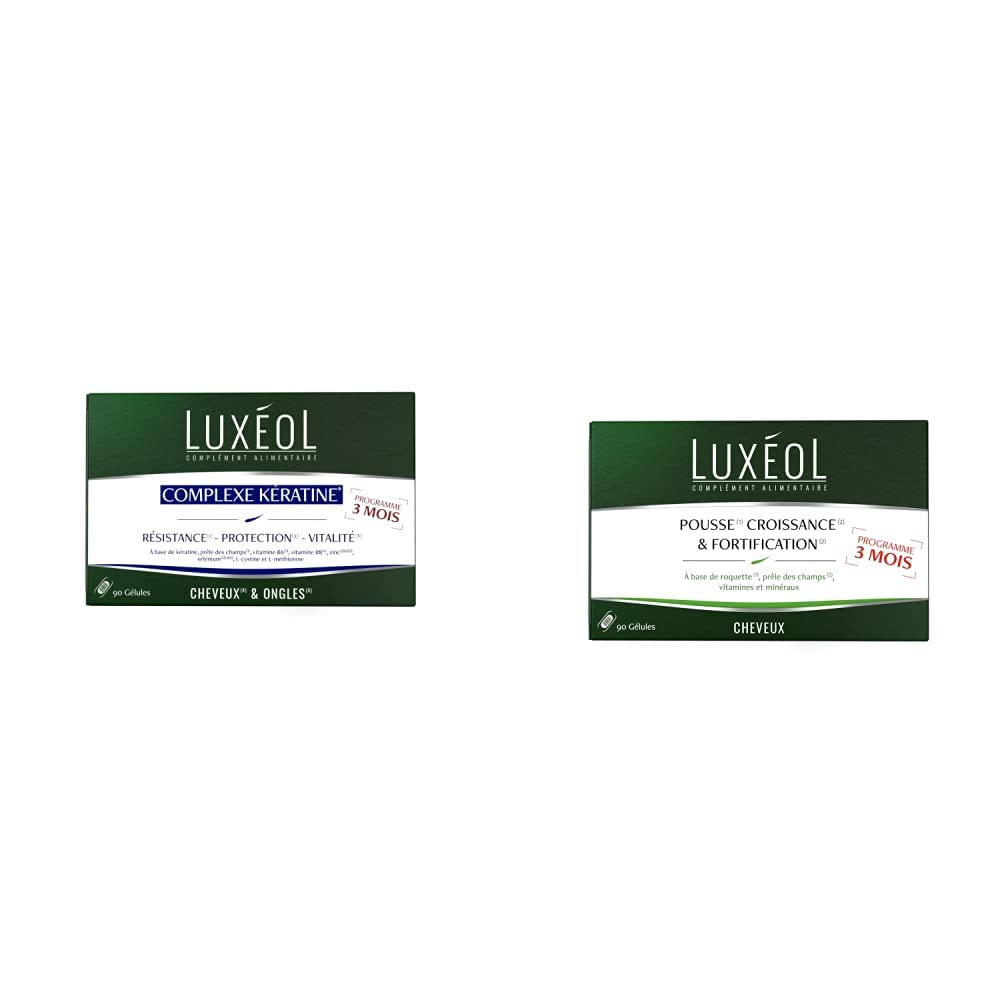 Luxéol - Complexe Kératine - Complément alimentaire - 90 gélules - 41g Beige/jaune & Pousse Croissance & Fortification - Complément Alimentaire - Programme Cheveux 3 Mois - 30 Gélules