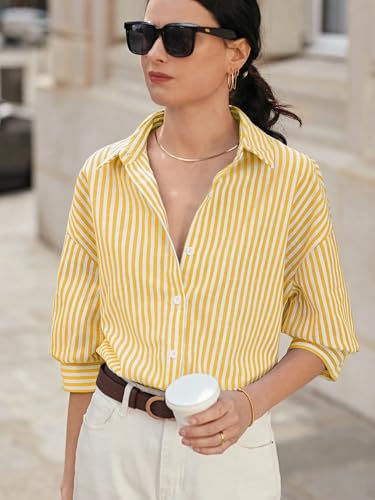 Image of IndoPrimo Women's Classic Fit Striped Print Poly Cotton Shirt with 3 /4 Sleeve Mandarin Neck Standard Length and Button Down Closure Type
