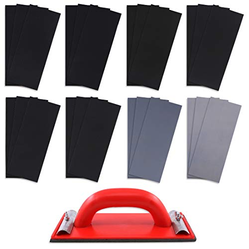 Rustark 25Pcs Wet Dry Sandpaper 240 to 5000 Assorted Grit Sandpaper with Sanding Hand Sander 11 x 4.5 inch Sanding Sheets for Wood Furniture Finishing, Metal Sanding and Automotive Polishing