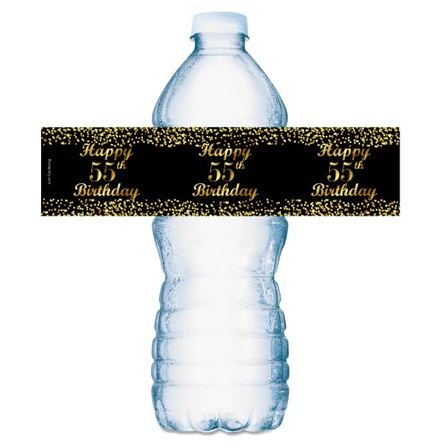 55th Birthday Black Water Bottle Labels; Set of 25 Waterproof Water Bottle Wrappers; Gold and Black Stickers. Happy Birthday Labels. Made in USA.