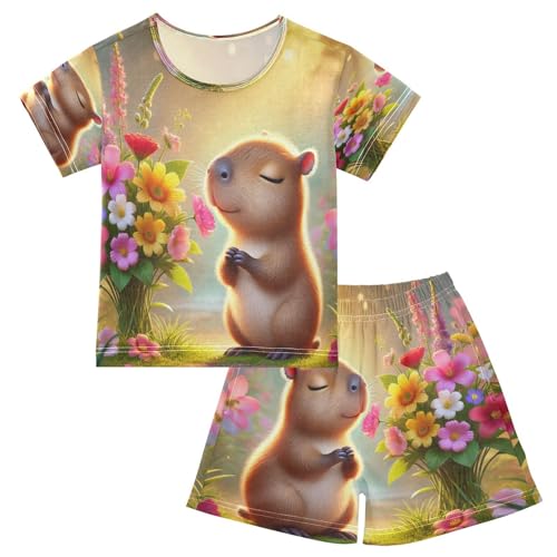 Capybara Flowers Pajama Set Short Sleeve Pajamas Shorts Sets Cotton PJS 2 Piece Clothes Set 5Y