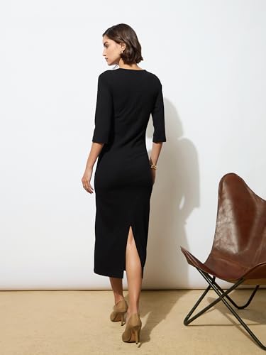 Image of barcino Black Rib Deep V-Neck Ankle Midi Dress