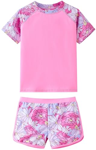 UMELOK Girls Rashguard Bathing Suit Swim Short Sleeve Swimsuit 2 Pieces Rash Guard Summer Beach Swimwear Sets Pink Dahlia 4T