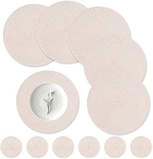 wiipara Round Woven Placemats Set of 6 Heat Resistant Round Braided Table Mats, 34 cm Washable Table Placemats and Coaster Sets for Dining/Kitchen Table, Party, Wedding (Beige)