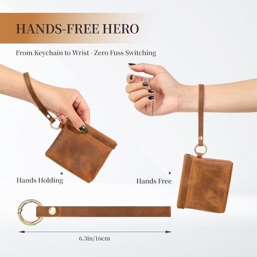 Leather Coin Purse with Wristlet, Aesthestyle Coin Pouch with Dual Interlayer, Card and Change Holder, Easy Clip on without Zipper, Squeeze Coin Wallet, Handmade Genuine Leather Wallet For Men/Women4