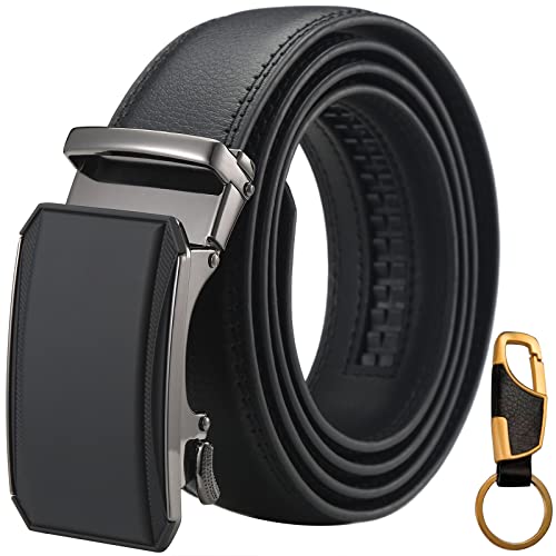 YYOOUU Leather Belt for Men Formal Genuine Dress Belts Jeans Ratchet Belt with Adjustable Automatic Sliding Buckle (Keychain Include) - Black