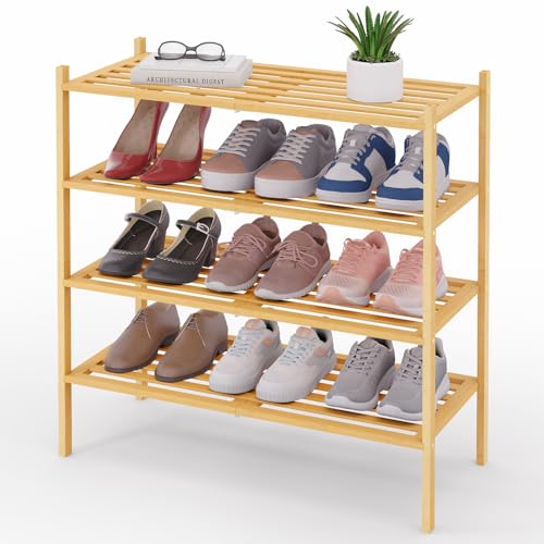 Image of Smiry Bamboo Shoe Rack, 5 Horizontal Slats, 4 Tier - 26.8 inch Wide, Natural