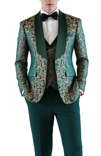 UNINUKOO Men’s Suit Dress Tuxedo 3 Piece Slim Fit Floral Wedding Party Print Lightweight Blazer Vest and Pants Set US Size M Green