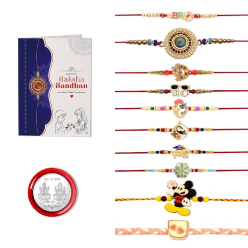 Image of Periapt Rakhi Gift Set for Brother & Bhabhi - Traditional Rakhis with Silver Coin & Greeting Card - Combo for Raksha Bandhan