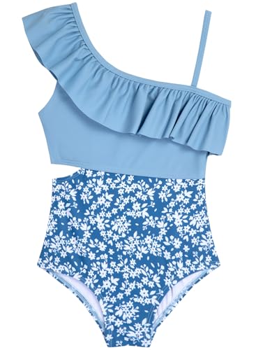 Image of Alakuoti Girls One Piece Swimsuits Cutout Ruffle Bathing Suit Quick Dry Beach Swimwear with Adjustable Strap 5-14 Years