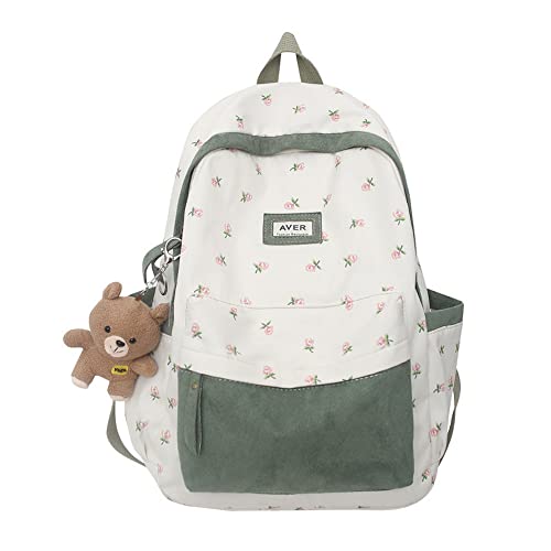JHTPSLR Preppy Backpack Patchwork Cottagecore Aesthetic Backpack Flower Grass Printed Backpack Back to School Supplies (Green)